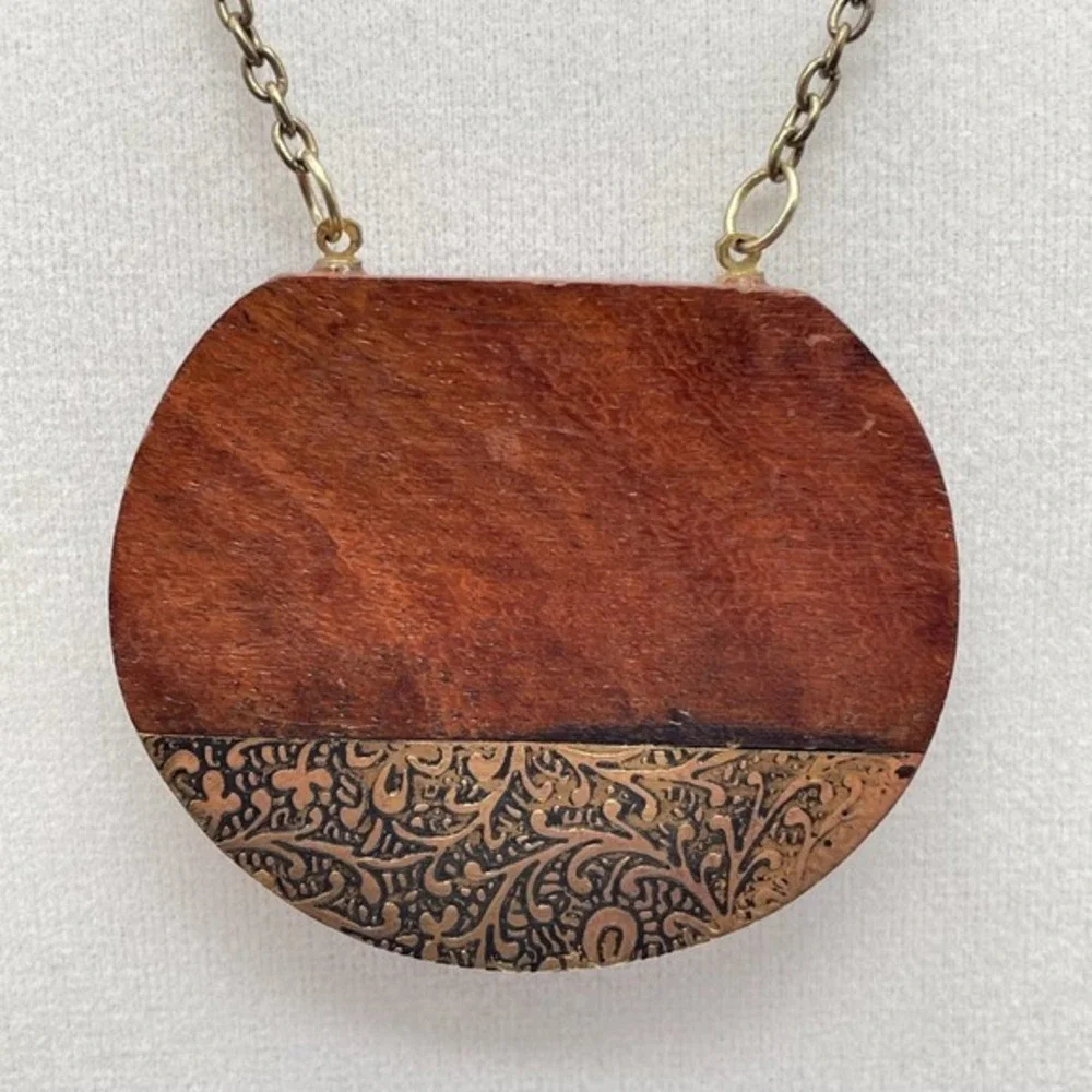 Vintage Brown Wood Round Pendant Necklace Boho Statement‎ Chain